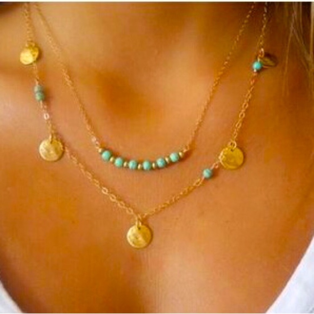 Turquoise Beaded Coin Necklace Women Color Gold & Blue